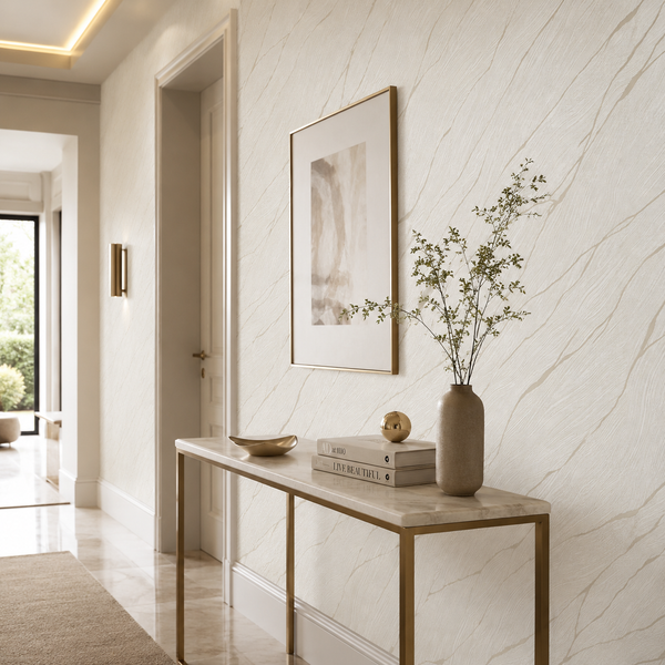 Erismann Opus 10440-32 white metallic marble-effect wallpaper in a bright hallway with a slim marble console table, brass frame artwork, decorative vase, soft wall lighting, and elegant neutral styling.