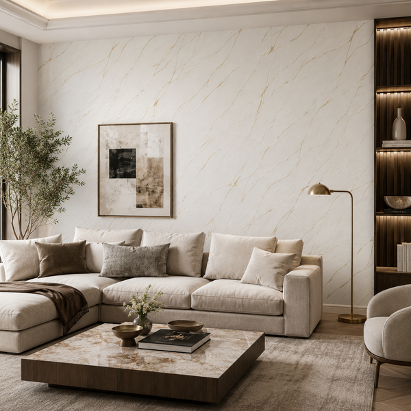 Erismann Opus 10440-32 white metallic marble-effect wallpaper in a modern living room with a cream sectional sofa, warm brass floor lamp, dark wood shelving, neutral pillows, and refined contemporary decor.