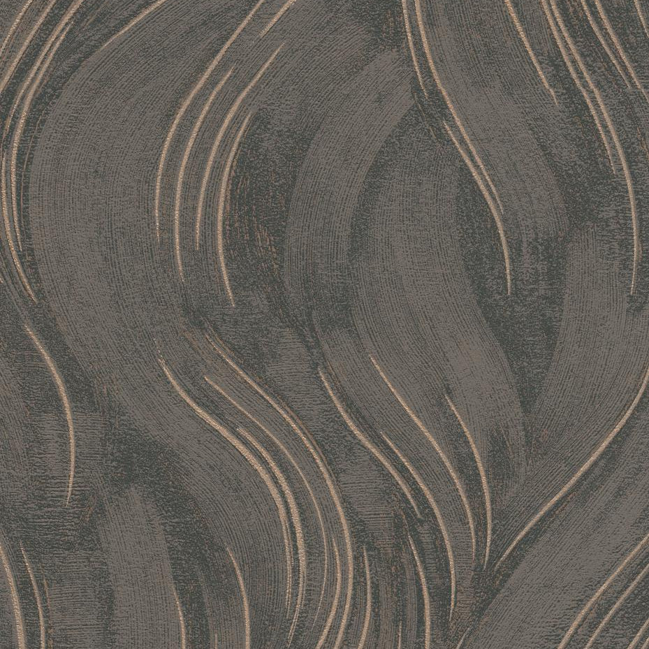 Erismann Opus 10456-11 wallpaper with abstract bronze-accented waves on deep brown, lightly embossed surface