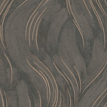 Erismann Opus 10456-11 wallpaper with abstract bronze-accented waves on deep brown, lightly embossed surface