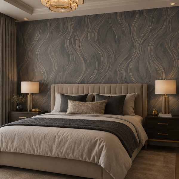 Erismann Opus 10456-11 charcoal and bronze abstract wave wallpaper behind an upholstered bed in a moody bedroom with dark nightstands, brass lamps, layered neutral bedding, and elegant hotel-inspired decor.