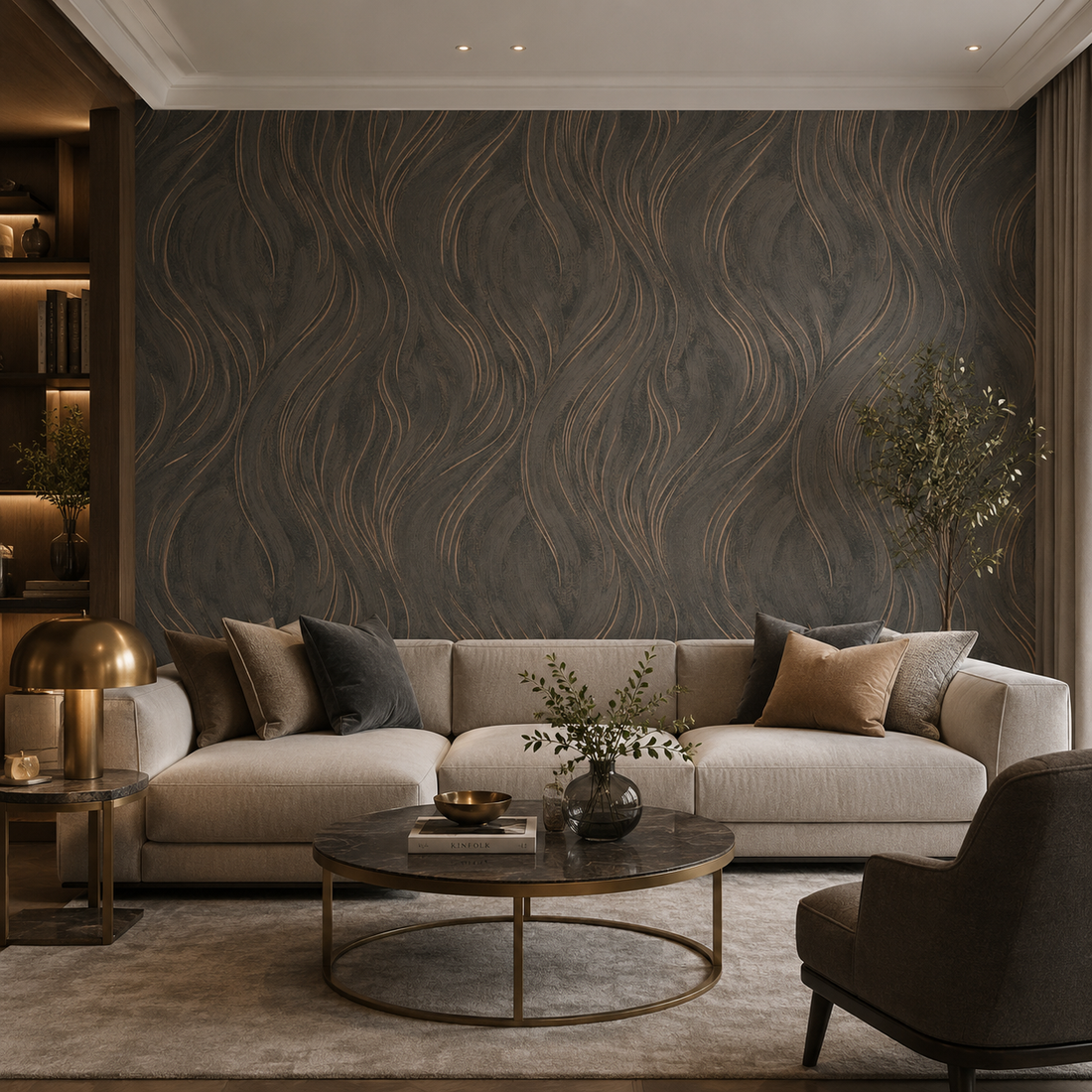 Erismann Opus 10456-11 wallpaper with abstract bronze-accented waves on deep brown, lightly embossed surface