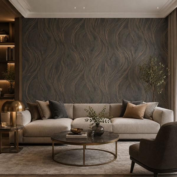 Erismann Opus 10456-11 charcoal and bronze abstract wave wallpaper on a dramatic living room feature wall with cream sofa, dark wood shelving, brass accents, and moody luxury styling.