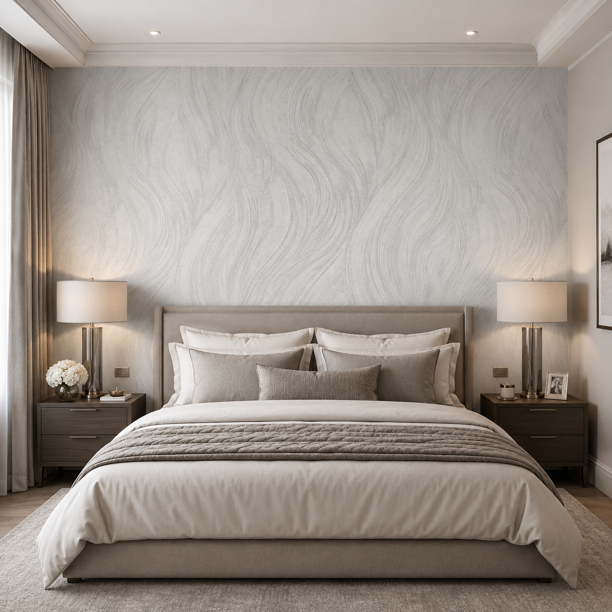 Erismann Opus 10456-31 light grey abstract wave wallpaper behind an upholstered bed in an elegant neutral bedroom with layered cream bedding, dark wood nightstands, table lamps, and soft contemporary styling.