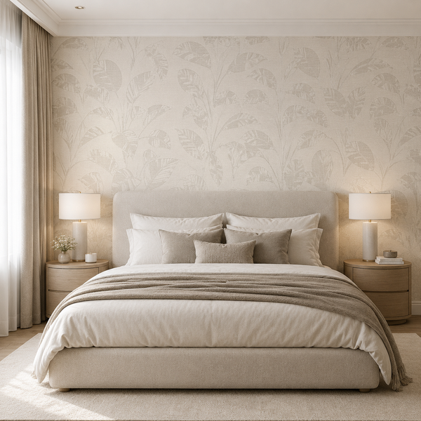 Erismann Opus 10459-02 light neutral botanical leaf wallpaper behind an upholstered bed in a serene bedroom with cream bedding, rounded wood nightstands, soft lamps, and warm neutral decor.