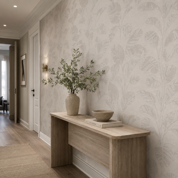 Erismann Opus 10459-02 light neutral botanical leaf wallpaper in an elegant hallway with a natural wood console table, ceramic vase, soft wall lighting, and refined neutral interior styling.