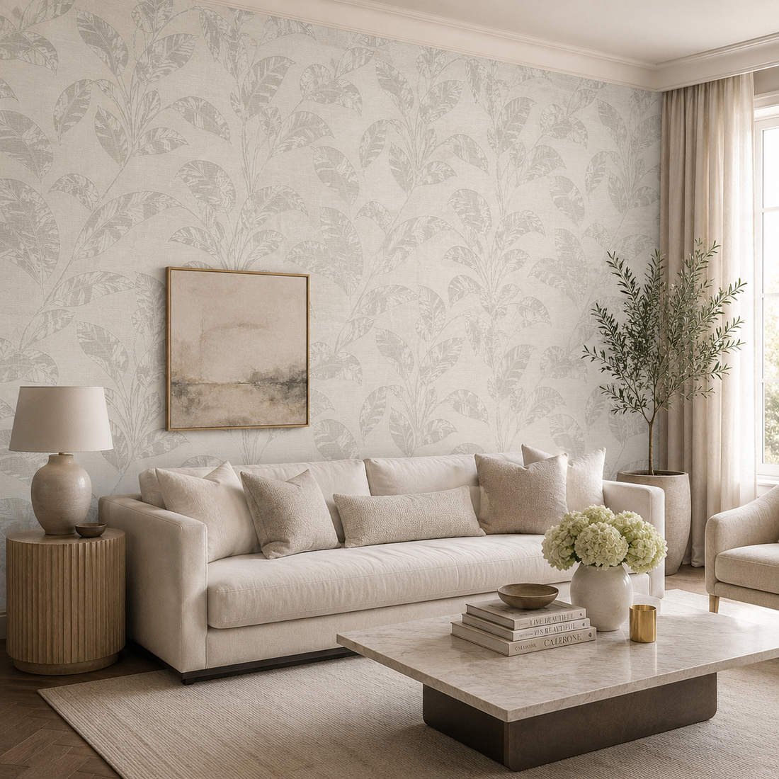 Erismann Opus 10459-02 beige non-woven wallpaper with tonal leaf motif and linen-look texture