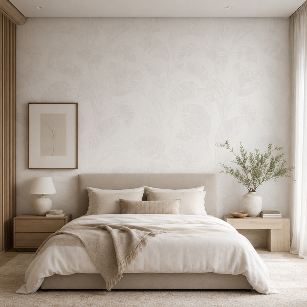 Erismann Opus 10459-14 warm neutral botanical leaf wallpaper behind an upholstered bed in a soft natural bedroom with cream bedding, light wood nightstands, neutral pillows, and relaxed organic decor.