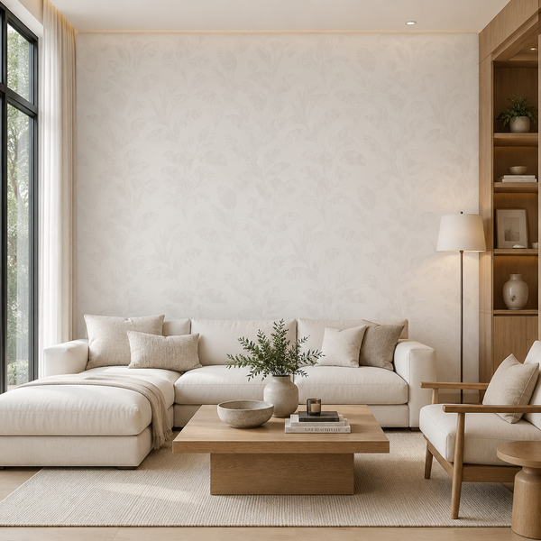 Erismann Opus 10459-14 warm neutral botanical leaf wallpaper on a modern living room feature wall with cream sectional sofa, natural wood furniture, soft curtains, greenery, and calm organic styling.
