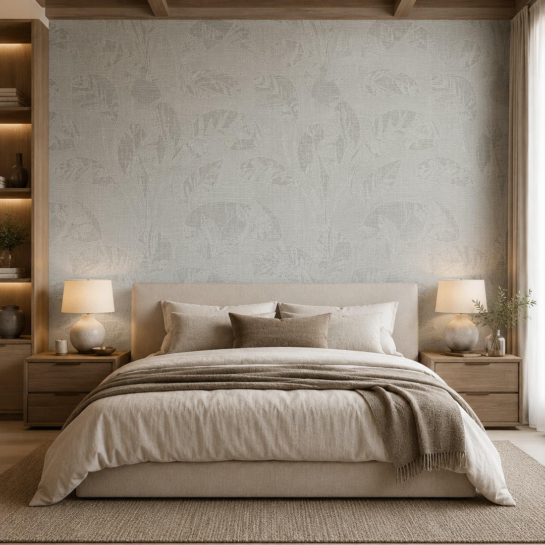 Erismann Opus 10459-24 green leafy botanical wallpaper with a linen-like texture.