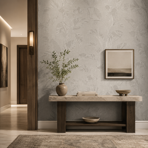 Erismann Opus 10459-24 soft grey botanical leaf wallpaper in an elegant hallway with a stone console table, natural wood legs, ceramic vase, framed artwork, and warm contemporary lighting.