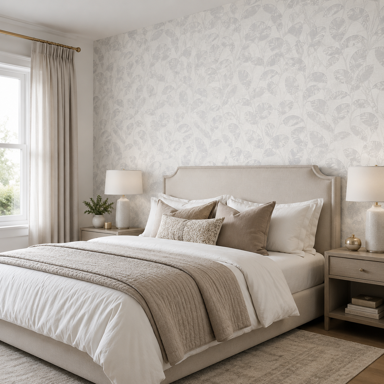 Erismann Opus 10459-31 light grey botanical leaf wallpaper behind an upholstered bed in a bright bedroom with cream bedding, taupe pillows, wood nightstands, soft curtains, and elegant neutral styling.