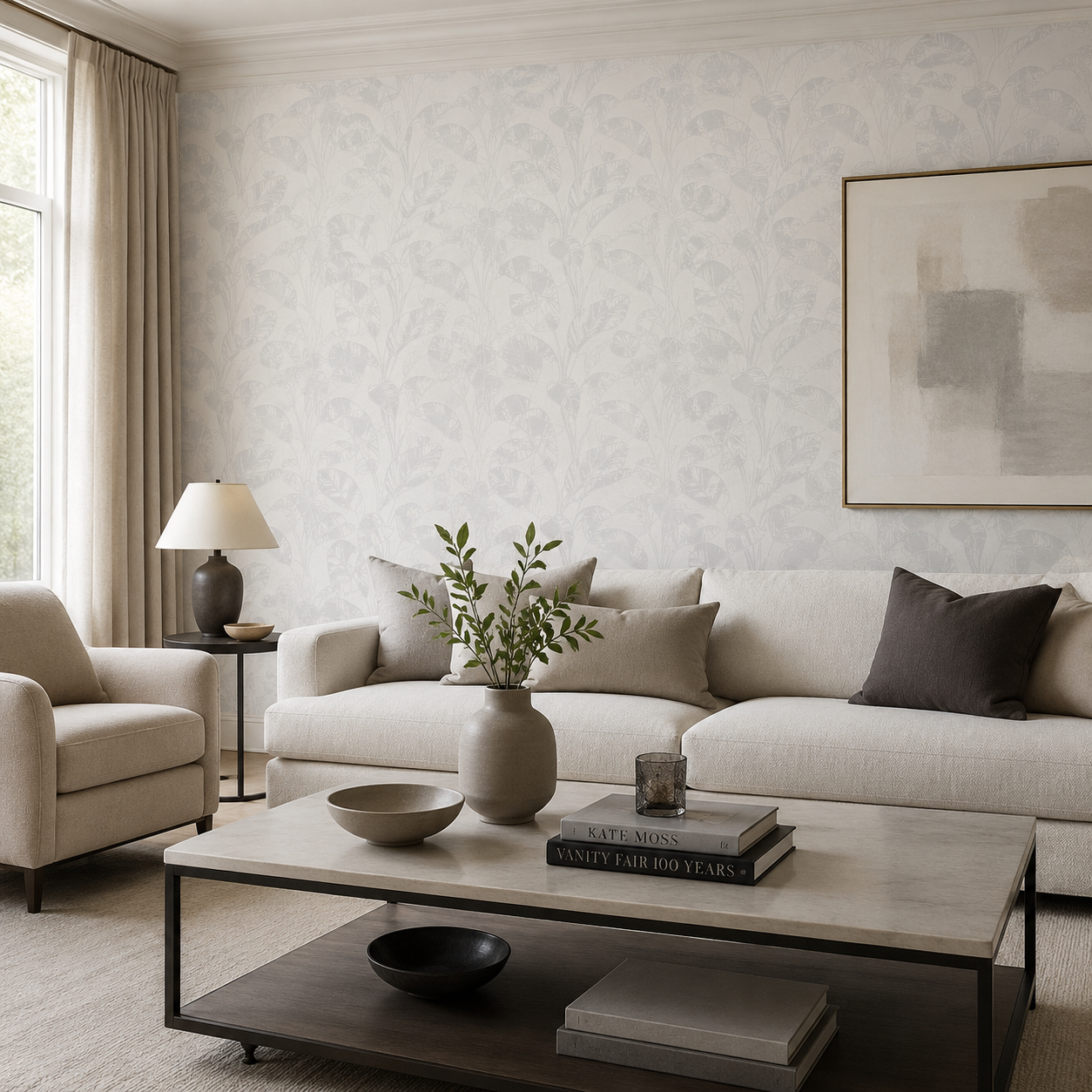 Erismann Opus 10459-31 light grey botanical leaf wallpaper on a calm living room feature wall with cream sofa, dark coffee table, neutral artwork, soft curtains, and refined contemporary decor.