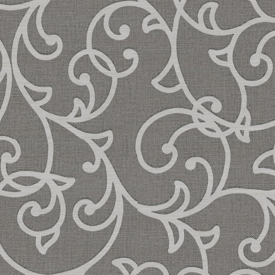 Erismann Opus 10467-11 charcoal grey wallpaper with white ornamental vine scrolls on a fabric-effect ground.