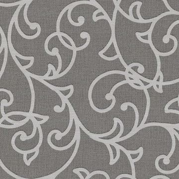 Erismann Opus 10467-11 charcoal grey wallpaper with white ornamental vine scrolls on a fabric-effect ground.