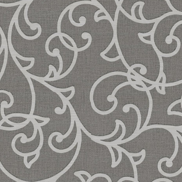 Erismann Opus 10467-11 charcoal grey wallpaper with white ornamental vine scrolls on a fabric-effect ground.
