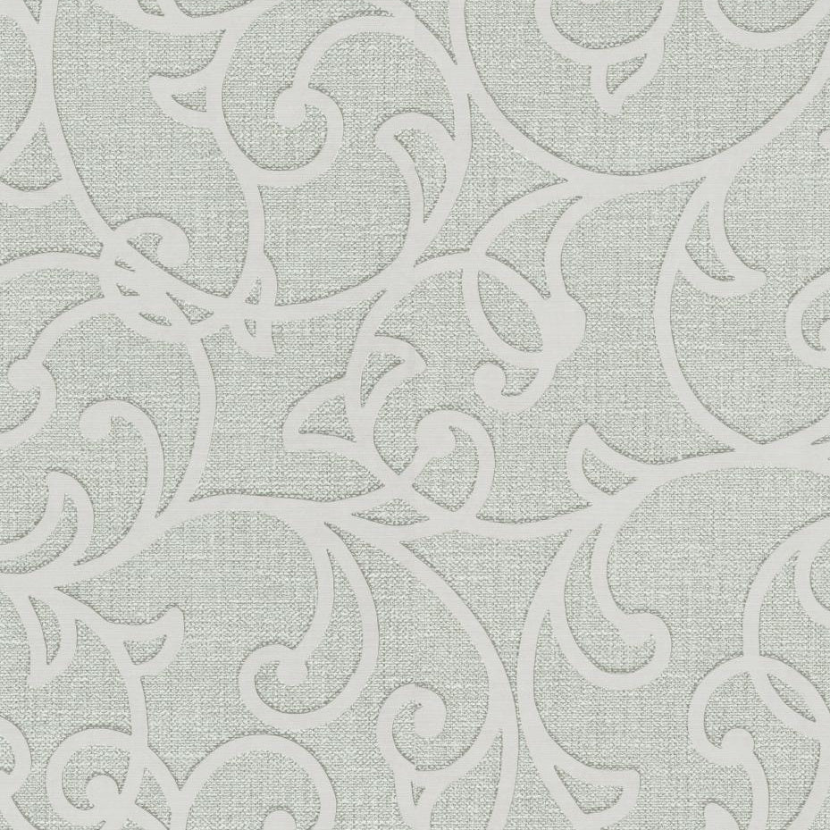 Erismann Opus 10467-24 sage green ornamental scroll damask wallpaper with a linen-like texture.
