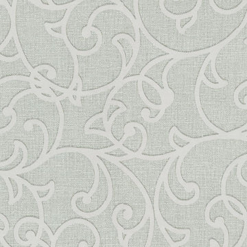 Erismann Opus 10467-24 sage green ornamental scroll damask wallpaper with a linen-like texture.
