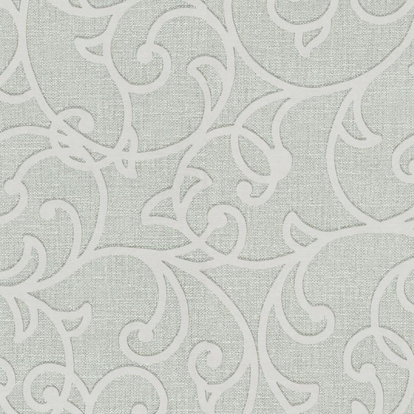 Erismann Opus 10467-24 sage green ornamental scroll damask wallpaper with a linen-like texture.