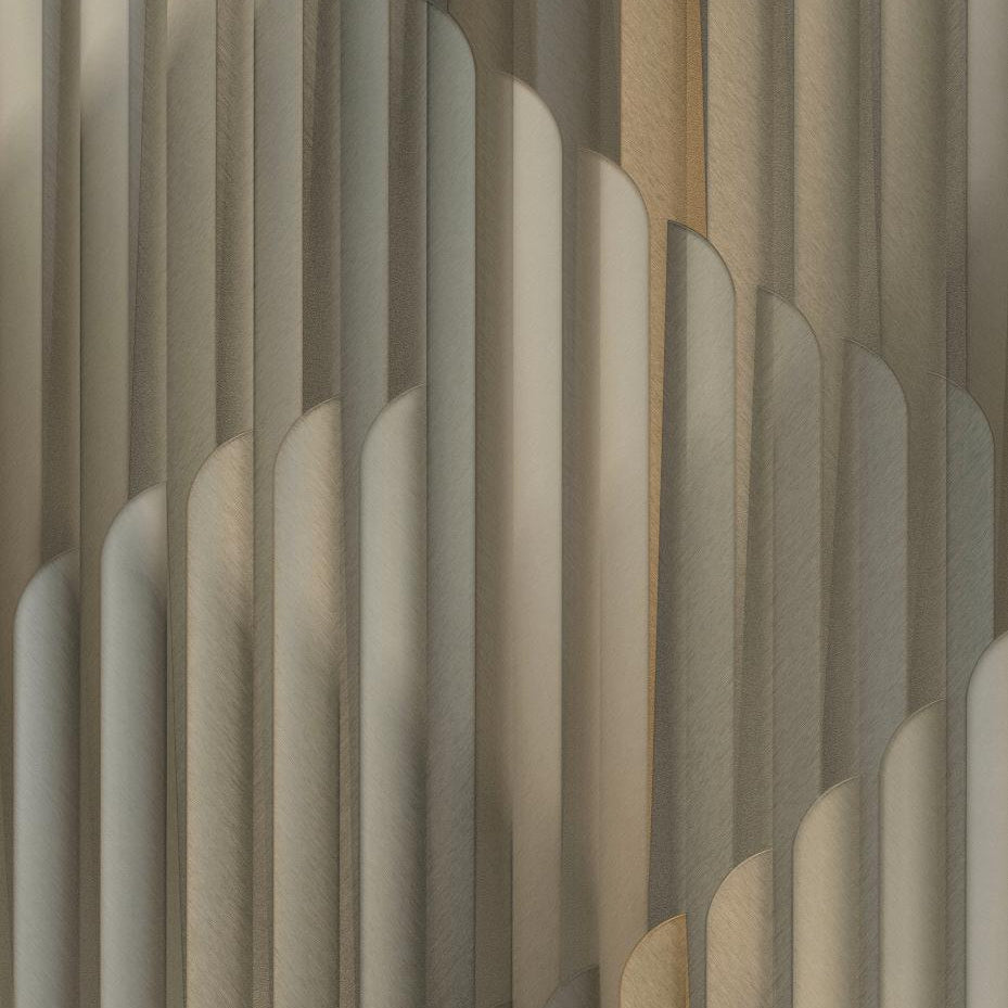 Erismann Elysium abstract geometric wallpaper featuring layered vertical arches in warm beige, taupe, gray and subtle gold tones, creating a sophisticated Art Deco inspired pattern with depth and architectural rhythm.