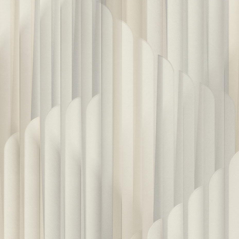 Erismann Elysium abstract geometric wallpaper featuring layered vertical arches in soft beige, white and light gray tones, creating a subtle and elegant modern pattern with a calm, minimalist aesthetic.