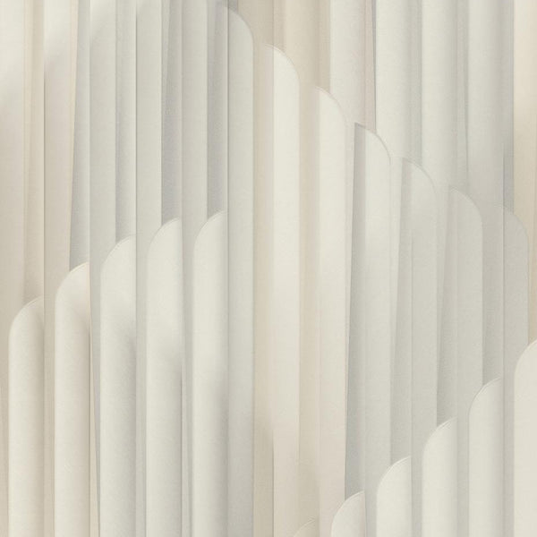 Erismann Elysium abstract geometric wallpaper featuring layered vertical arches in soft beige, white and light gray tones, creating a subtle and elegant modern pattern with a calm, minimalist aesthetic.