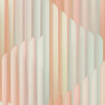 Erismann Elysium abstract geometric wallpaper featuring layered vertical arches in soft blush pink, muted sage green and warm beige tones, creating a modern Art Deco inspired design with a gentle pastel aesthetic.