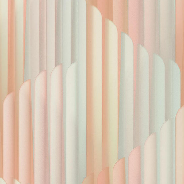 Erismann Elysium abstract geometric wallpaper featuring layered vertical arches in soft blush pink, muted sage green and warm beige tones, creating a modern Art Deco inspired design with a gentle pastel aesthetic.