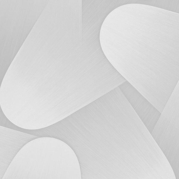 Erismann Elysium abstract geometric wallpaper with layered curved shapes in soft white and light gray tones, featuring a subtle textured finish for modern minimalist interiors.
