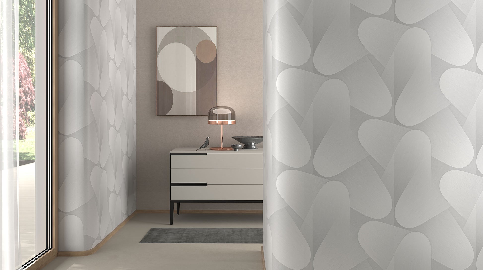 Erismann Elysium abstract geometric wallpaper with layered curved shapes in soft white and light gray tones, installed in a modern living room setting, creating a clean and cohesive backdrop that complements minimalist furniture and warm decorative accents.