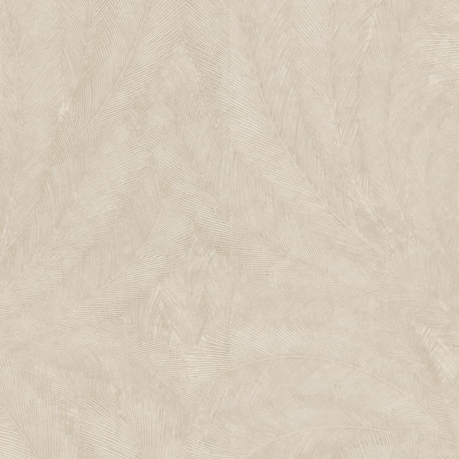 Erismann Elysium subtle botanical wallpaper featuring delicate feather-like leaf textures in soft beige and cream tones, creating a refined, organic pattern with a calm and understated natural elegance.