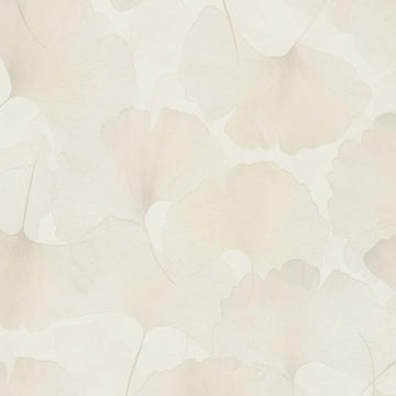 Erismann Elysium botanical wallpaper featuring subtle ginkgo leaf silhouettes in soft beige and white tones, creating a light, minimal and elegant backdrop.