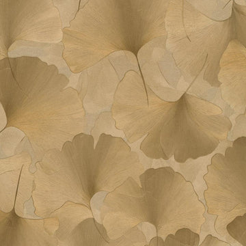 Erismann Elysium botanical wallpaper featuring layered ginkgo leaves in rich gold and warm beige tones, creating a luxurious and elegant natural pattern with soft depth and texture.