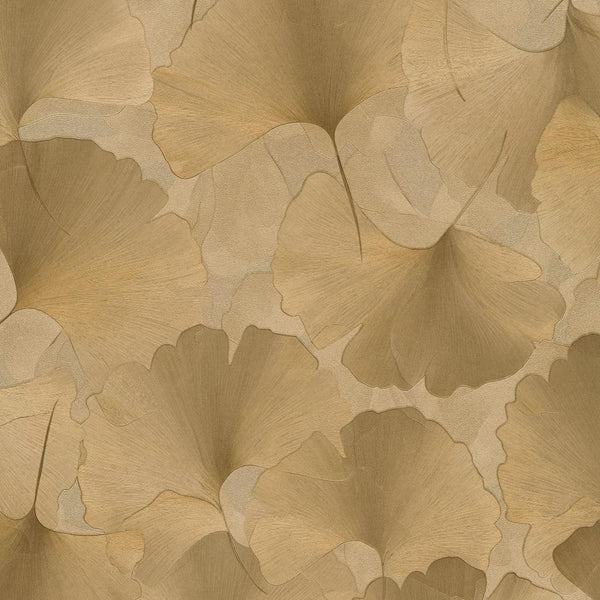 Erismann Elysium botanical wallpaper featuring layered ginkgo leaves in rich gold and warm beige tones, creating a luxurious and elegant natural pattern with soft depth and texture.