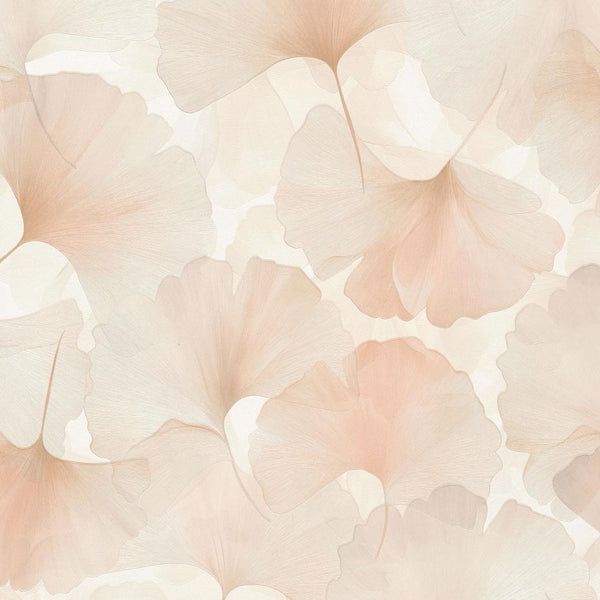 Erismann Elysium botanical wallpaper featuring delicate ginkgo leaves in soft pink and beige tones on a light background, creating a calm and elegant nature-inspired design.