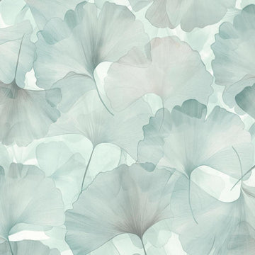 Erismann Elysium botanical wallpaper featuring delicate ginkgo leaves in soft sage green tones layered over a light neutral background, creating a fresh, airy and calming natural aesthetic.