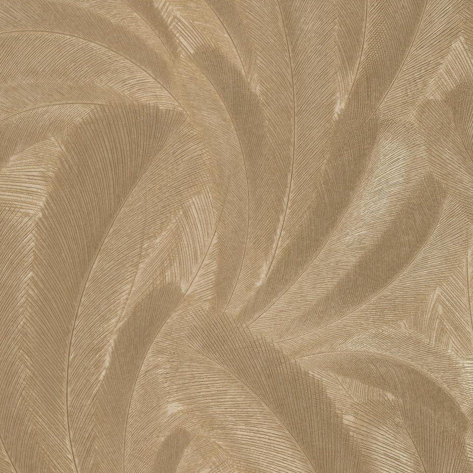 Erismann Elysium botanical wallpaper with layered feather-like leaves in soft champagne and warm gold tones, enhanced by fine linear texture and subtle tonal variation for an elegant, luminous finish.
