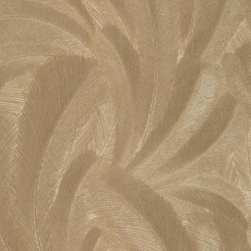 Erismann Elysium botanical wallpaper with layered feather-like leaves in soft champagne and warm gold tones, enhanced by fine linear texture and subtle tonal variation for an elegant, luminous finish.