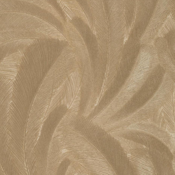 Erismann Elysium botanical wallpaper with layered feather-like leaves in soft champagne and warm gold tones, enhanced by fine linear texture and subtle tonal variation for an elegant, luminous finish.