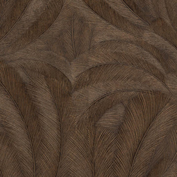Erismann Elysium botanical wallpaper featuring layered feather-like leaves in deep brown and near-black tones with subtle gold highlights, creating a rich, dramatic texture with elegant depth and movement.