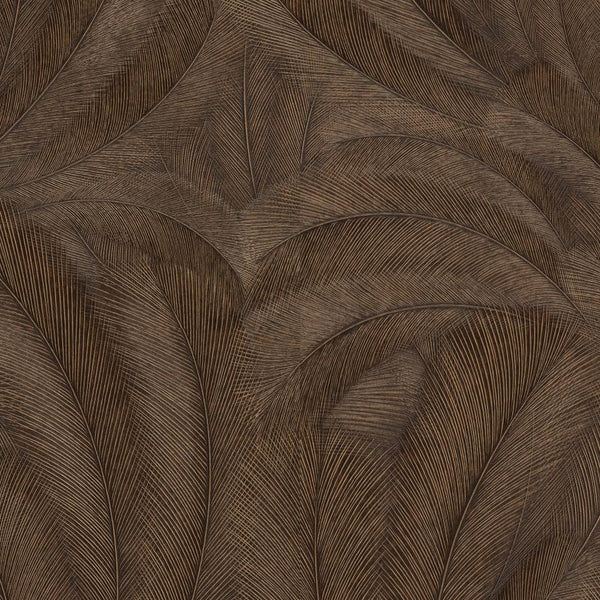 Erismann Elysium botanical wallpaper featuring layered feather-like leaves in deep brown and near-black tones with subtle gold highlights, creating a rich, dramatic texture with elegant depth and movement.