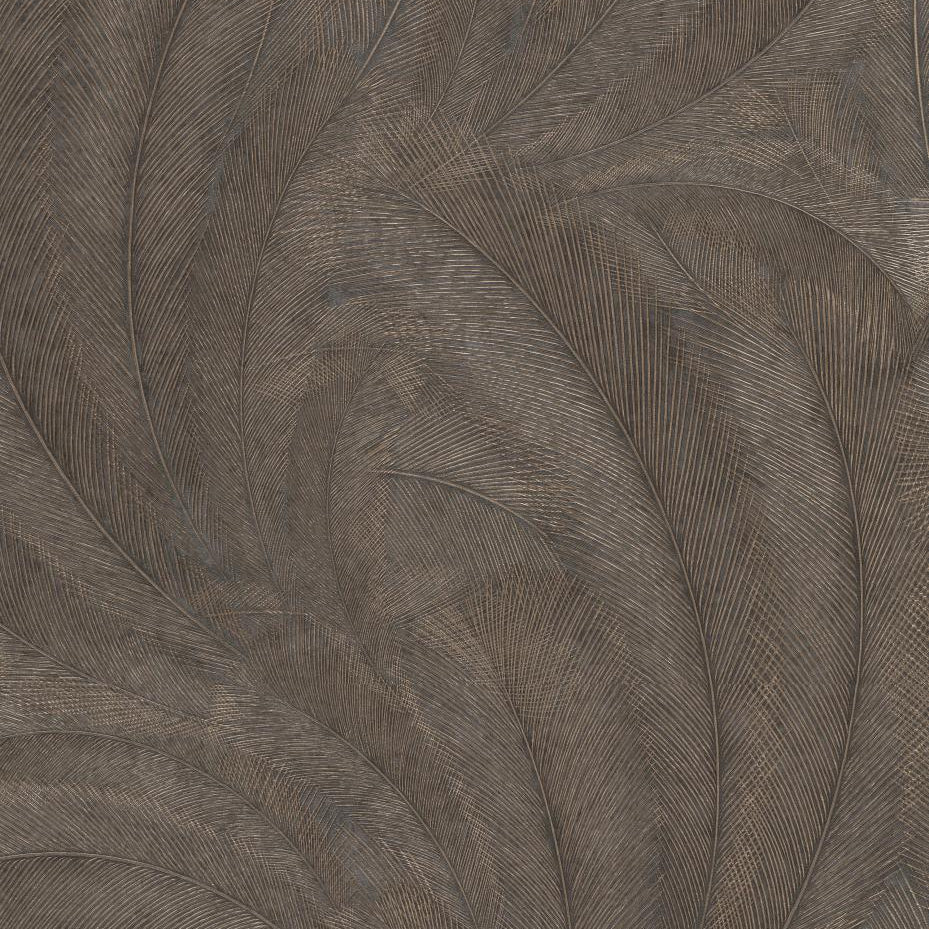 Erismann Elysium botanical wallpaper featuring layered feather-like leaves in deep brown, soft gray and warm beige tones, enhanced by fine linear detailing and subtle metallic accents for a rich and textured appearance.