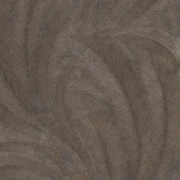 Erismann Elysium botanical wallpaper featuring layered feather-like leaves in deep brown, soft gray and warm beige tones, enhanced by fine linear detailing and subtle metallic accents for a rich and textured appearance.