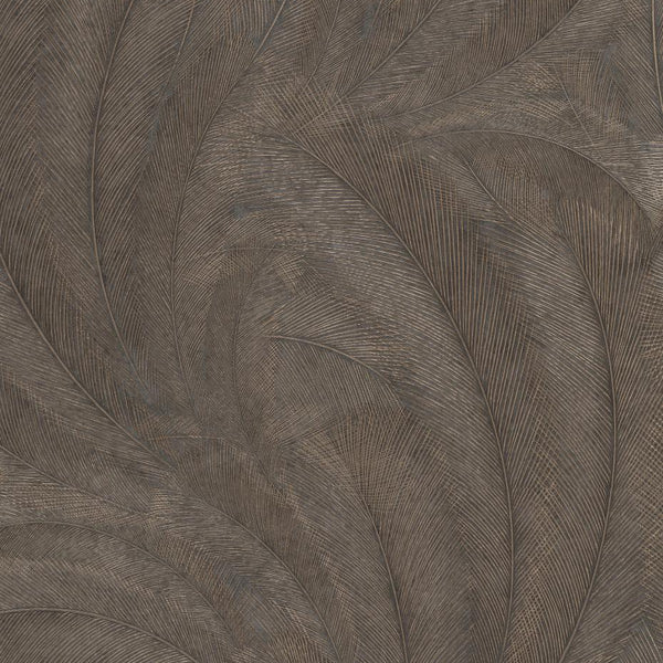 Erismann Elysium botanical wallpaper featuring layered feather-like leaves in deep brown, soft gray and warm beige tones, enhanced by fine linear detailing and subtle metallic accents for a rich and textured appearance.