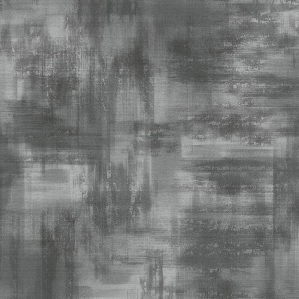 Erismann Elysium abstract wallpaper with layered block textures in shades of gray, white, and charcoal, creating a modern industrial look.