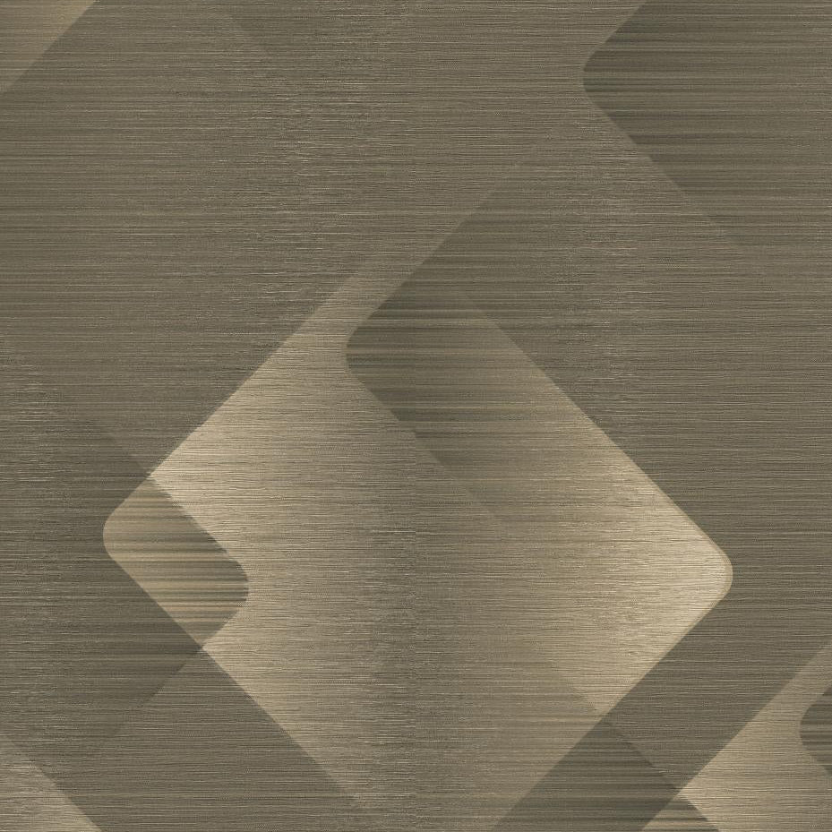 Erismann Elysium geometric wallpaper with layered diamond shapes in olive green, taupe, and beige tones on a subtle textured background.