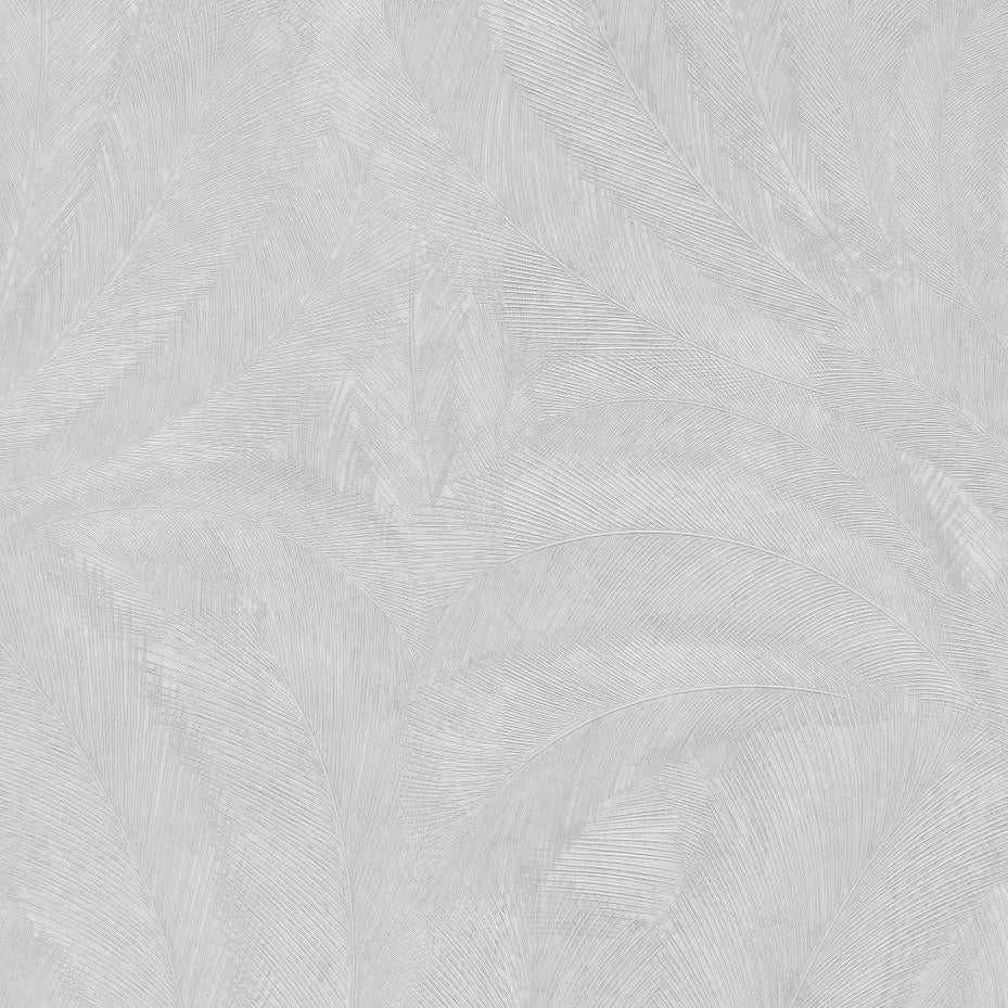 Erismann Elysium botanical wallpaper featuring delicate feather-like leaves in soft gray and white tones, enhanced by fine linear texture for a subtle, elegant and airy appearance.