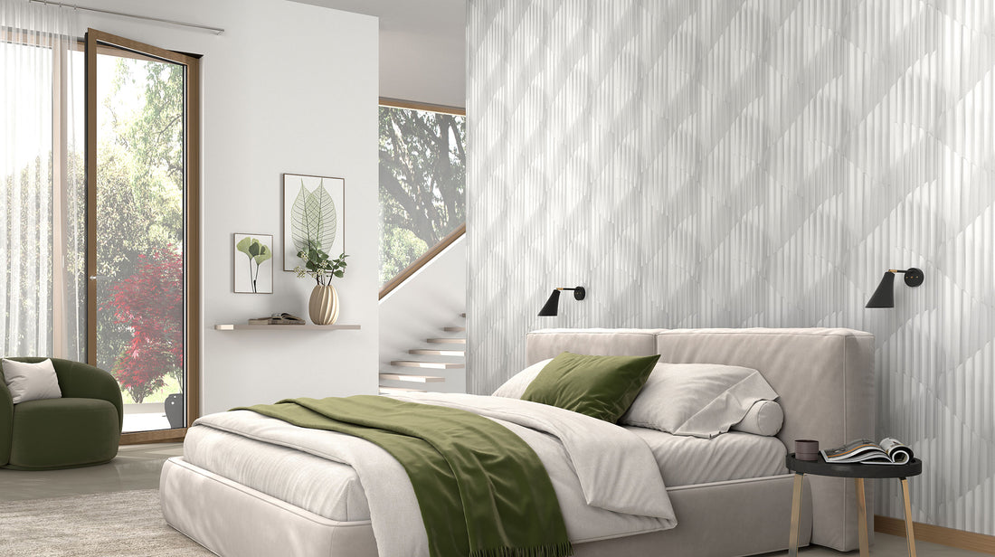 Erismann Elysium abstract geometric wallpaper featuring layered vertical arches in soft beige, white and light gray tones, creating a subtle and elegant modern pattern with a calm, minimalist aesthetic.