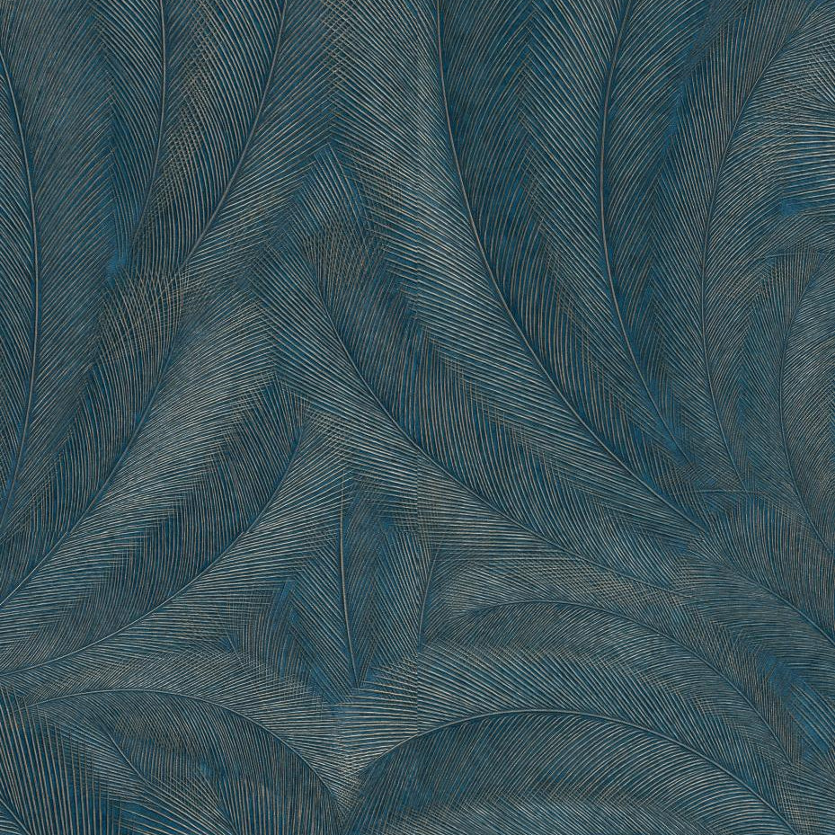 Erismann Elysium botanical wallpaper with layered feather-like leaves in rich teal and petrol tones, enhanced by fine linear texture and subtle metallic taupe accents for depth and movement.
