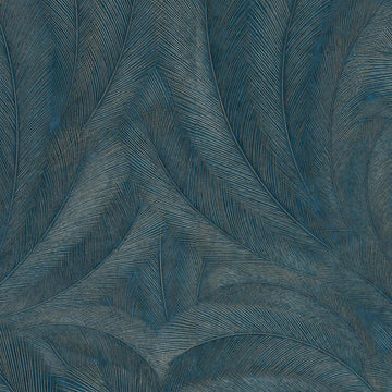 Erismann Elysium botanical wallpaper with layered feather-like leaves in rich teal and petrol tones, enhanced by fine linear texture and subtle metallic taupe accents for depth and movement.